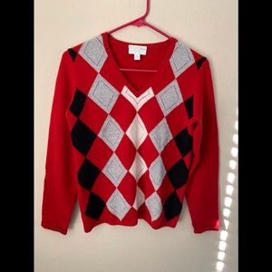 Charter Club 2 Ply 100% Cashmere V-Neck Sweater Womens P/P Red Argyle